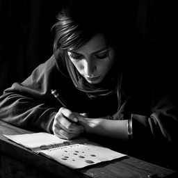 A monochrome depiction of a melancholic poet deeply engrossed in writing on a piece of paper