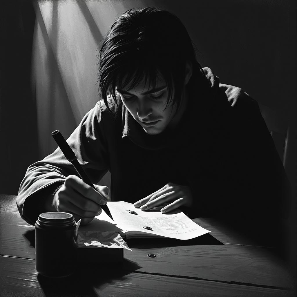 A monochrome depiction of a melancholic poet deeply engrossed in writing on a piece of paper