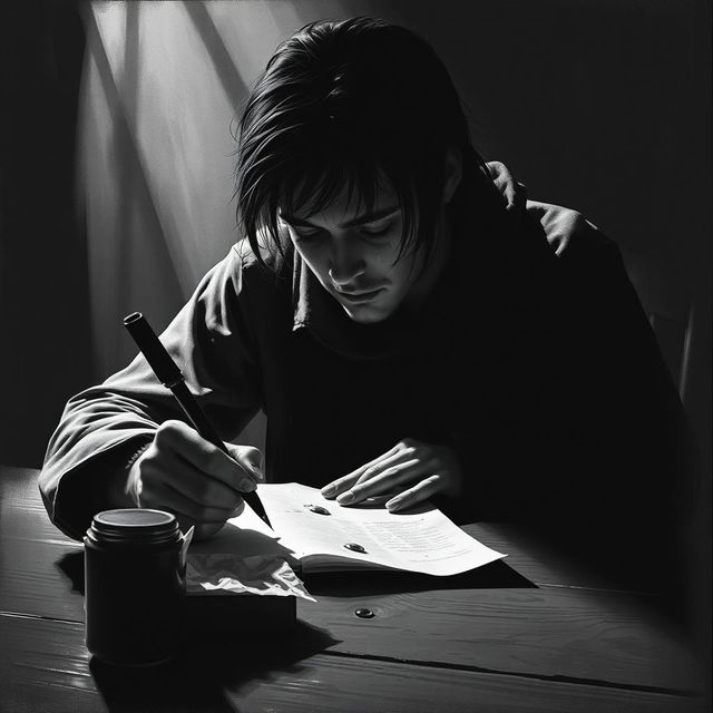 A monochrome depiction of a melancholic poet deeply engrossed in writing on a piece of paper
