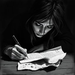 A monochrome depiction of a melancholic poet deeply engrossed in writing on a piece of paper