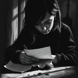 A monochrome depiction of a melancholic poet deeply engrossed in writing on a piece of paper