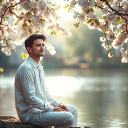 A serene and contemplative scene depicting a person sitting peacefully in a tranquil environment, symbolizing self-reflection and personal growth