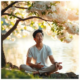 A serene and contemplative scene depicting a person sitting peacefully in a tranquil environment, symbolizing self-reflection and personal growth