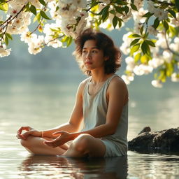 A serene and contemplative scene depicting a person sitting peacefully in a tranquil environment, symbolizing self-reflection and personal growth