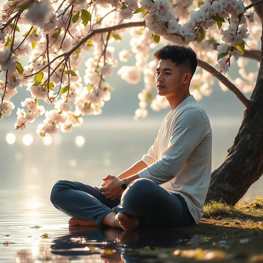 A serene and contemplative scene depicting a person sitting peacefully in a tranquil environment, symbolizing self-reflection and personal growth