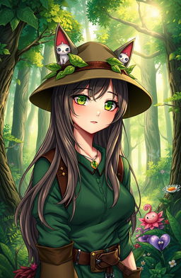 A captivating fantasy book cover featuring a female forest ranger with striking green cat-like eyes