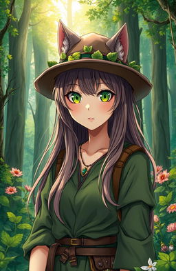A captivating fantasy book cover featuring a female forest ranger with striking green cat-like eyes