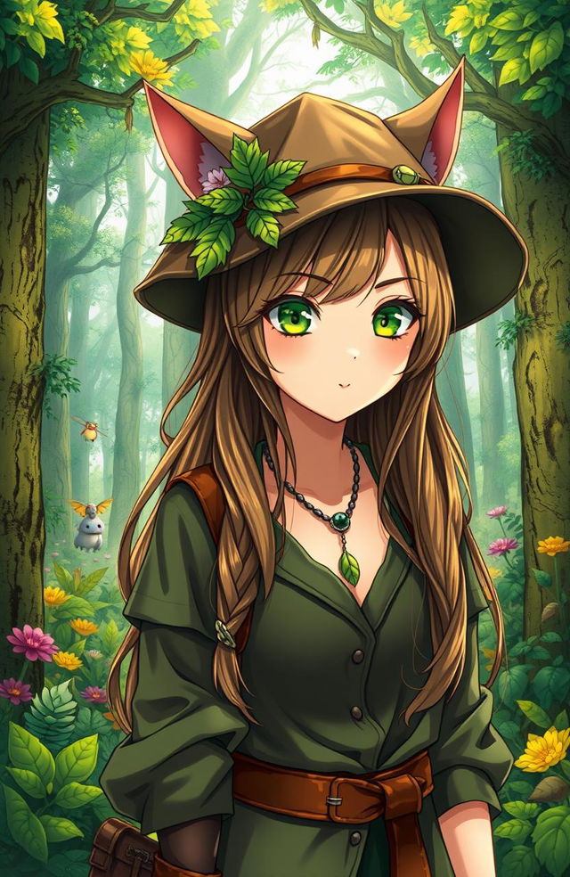A captivating fantasy book cover featuring a female forest ranger with striking green cat-like eyes