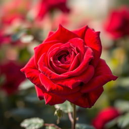 A stunning, vibrant red rose with intense scarlet hues and rich purple undertones