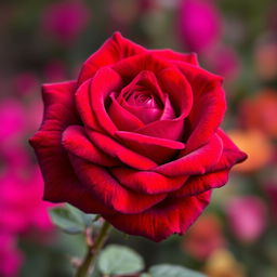 A stunning, vibrant red rose with intense scarlet hues and rich purple undertones