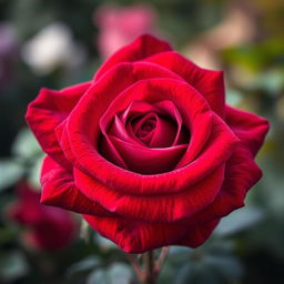 A stunning, vibrant red rose with intense scarlet hues and rich purple undertones