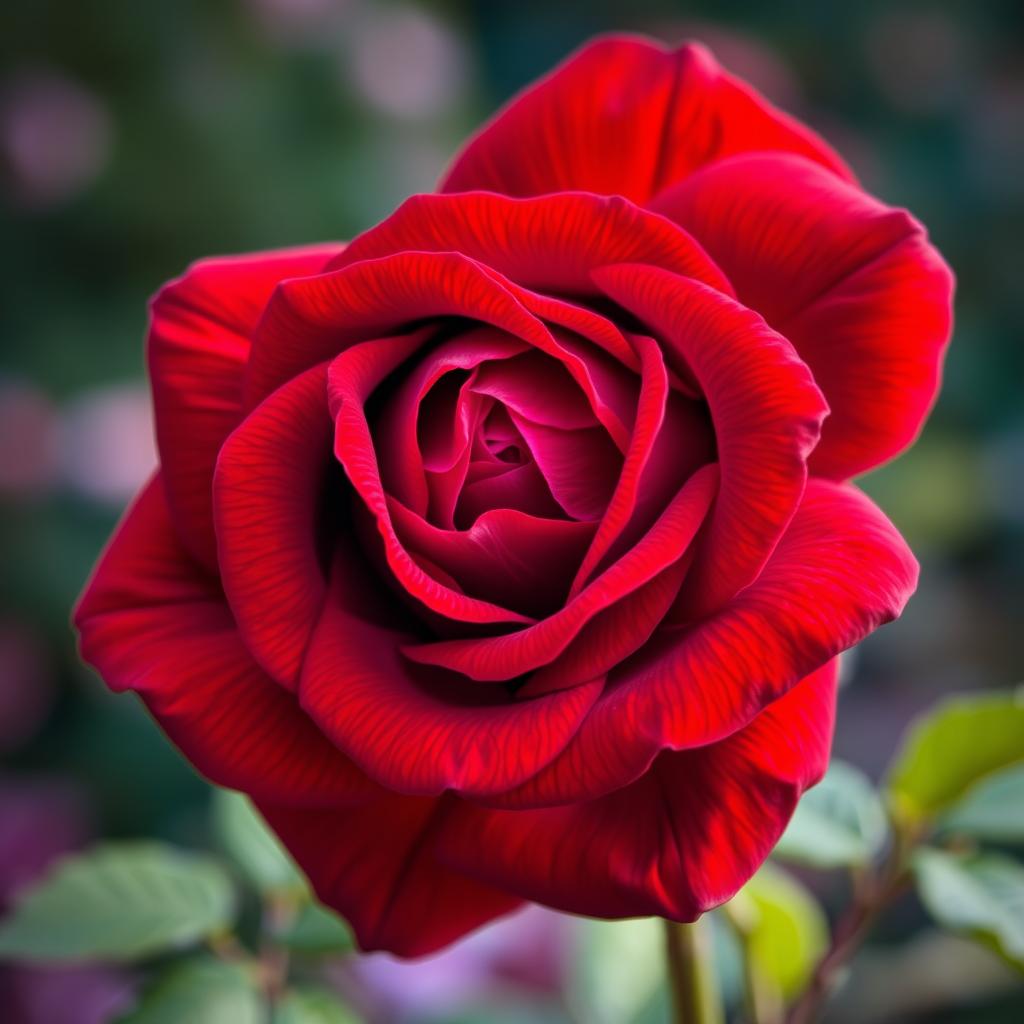A stunning, vibrant red rose with intense scarlet hues and rich purple undertones