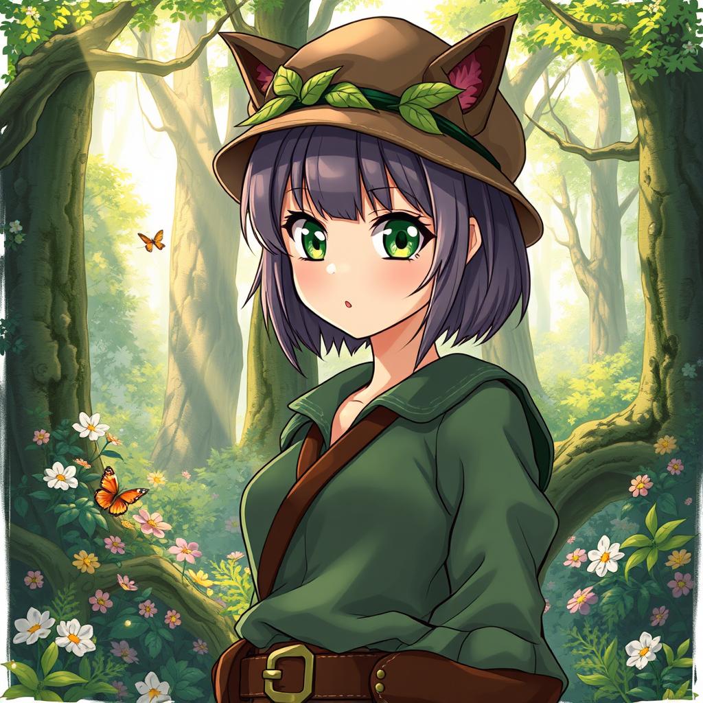A captivating fantasy book cover featuring a female forest ranger with short hair and bangs, prominently displaying striking green cat-like eyes, specifically in her left eye