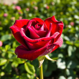 A beautiful semi-open rose with intense scarlet petals and purple undertones, showcasing delicate textures and vibrant colors