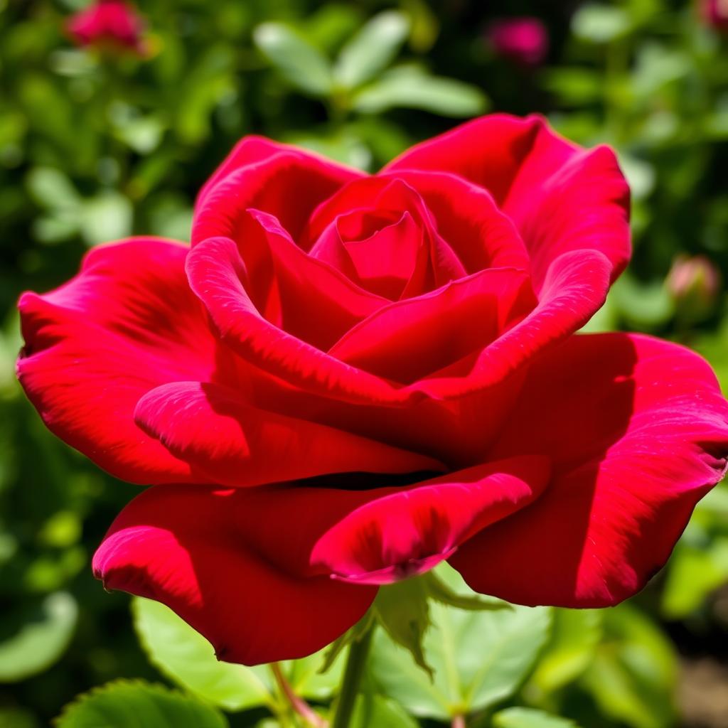A beautiful semi-open rose with intense scarlet petals and purple undertones, showcasing delicate textures and vibrant colors