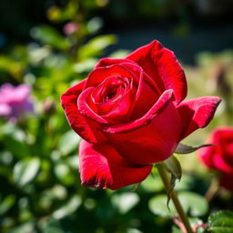 A beautiful semi-open rose with intense scarlet petals and purple undertones, showcasing delicate textures and vibrant colors