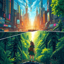 A captivating fantasy book cover depicting a unique split-scene, where the top half shows a chaotic, bustling city filled with futuristic skyscrapers, colorful neon lights, and disordered streets alive with activity