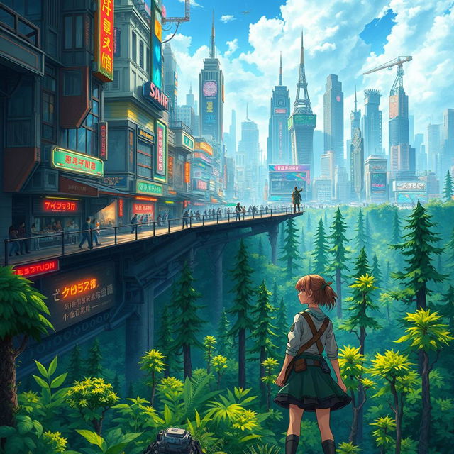 A captivating fantasy book cover depicting a unique split-scene, where the top half shows a chaotic, bustling city filled with futuristic skyscrapers, colorful neon lights, and disordered streets alive with activity