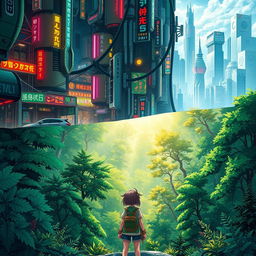A captivating fantasy book cover depicting a unique split-scene, where the top half shows a chaotic, bustling city filled with futuristic skyscrapers, colorful neon lights, and disordered streets alive with activity