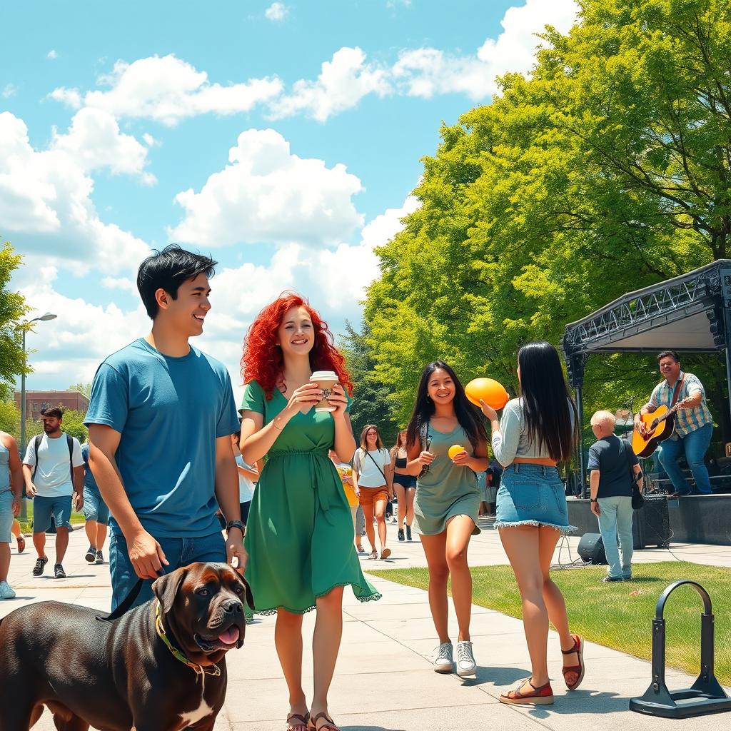 A vibrant street scene bustling with activity, featuring several individuals engaged in various activities