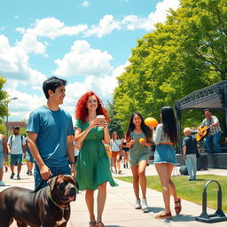 A vibrant street scene bustling with activity, featuring several individuals engaged in various activities