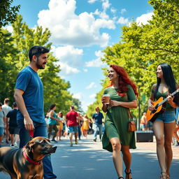 A vibrant street scene bustling with activity, featuring several individuals engaged in various activities