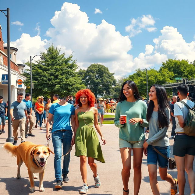 A vibrant street scene bustling with activity, featuring several individuals engaged in various activities