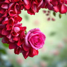 A heart made entirely of rose petals with a vibrant pink rose in the center