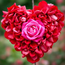 A heart made entirely of rose petals with a vibrant pink rose in the center