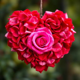 A heart made entirely of rose petals with a vibrant pink rose in the center