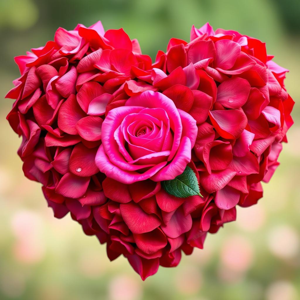 A heart made entirely of rose petals with a vibrant pink rose in the center