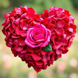 A heart made entirely of rose petals with a vibrant pink rose in the center