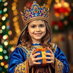 A young girl dressed as one of the Three Wise Men, wearing a vibrant, ornate robe featuring rich colors like royal blue and golden details, a beautifully embroidered crown adorned with jewels, and holding a gift