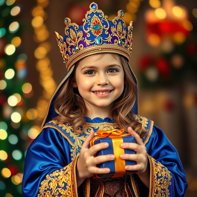 A young girl dressed as one of the Three Wise Men, wearing a vibrant, ornate robe featuring rich colors like royal blue and golden details, a beautifully embroidered crown adorned with jewels, and holding a gift