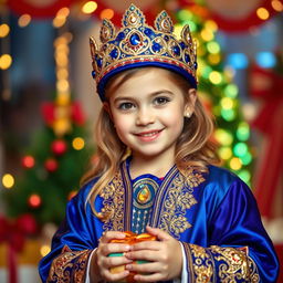 A young girl dressed as one of the Three Wise Men, wearing a vibrant, ornate robe featuring rich colors like royal blue and golden details, a beautifully embroidered crown adorned with jewels, and holding a gift