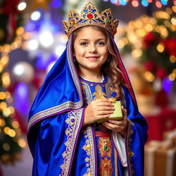 A young girl dressed as one of the Three Wise Men, wearing a vibrant, ornate robe featuring rich colors like royal blue and golden details, a beautifully embroidered crown adorned with jewels, and holding a gift