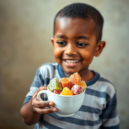 A young boy with dark skin holding a cup filled with traditional Venezuelan sweets, looking at the cup with curiosity and delight