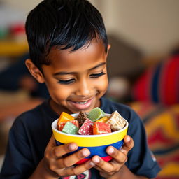 A young boy with dark skin holding a cup filled with traditional Venezuelan sweets, looking at the cup with curiosity and delight