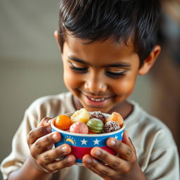 A young boy with dark skin holding a cup filled with traditional Venezuelan sweets, looking at the cup with curiosity and delight