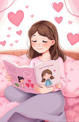 A heartwarming illustration of a young girl reading a storybook about her mom, surrounded by soft, pink tones and heart motifs