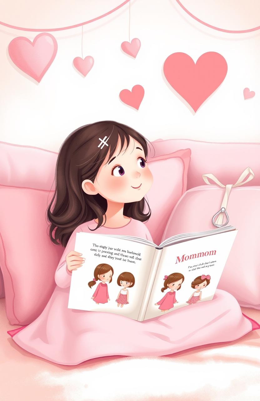 A heartwarming illustration of a young girl reading a storybook about her mom, surrounded by soft, pink tones and heart motifs