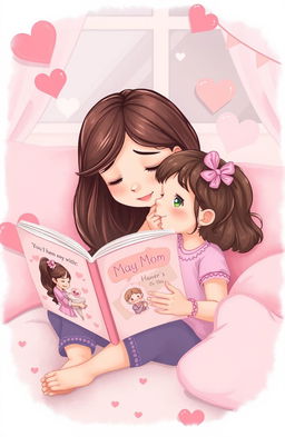 A heartwarming illustration of a young girl reading a storybook about her mom, surrounded by soft, pink tones and heart motifs