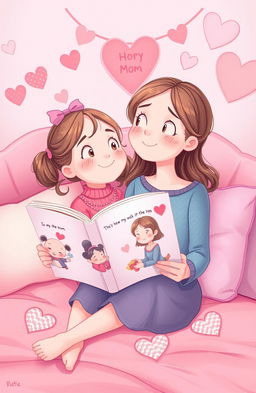 A heartwarming illustration of a young girl reading a storybook about her mom, surrounded by soft, pink tones and heart motifs