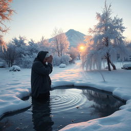 A serene winter dawn scene depicting a peaceful landscape covered in a blanket of snow