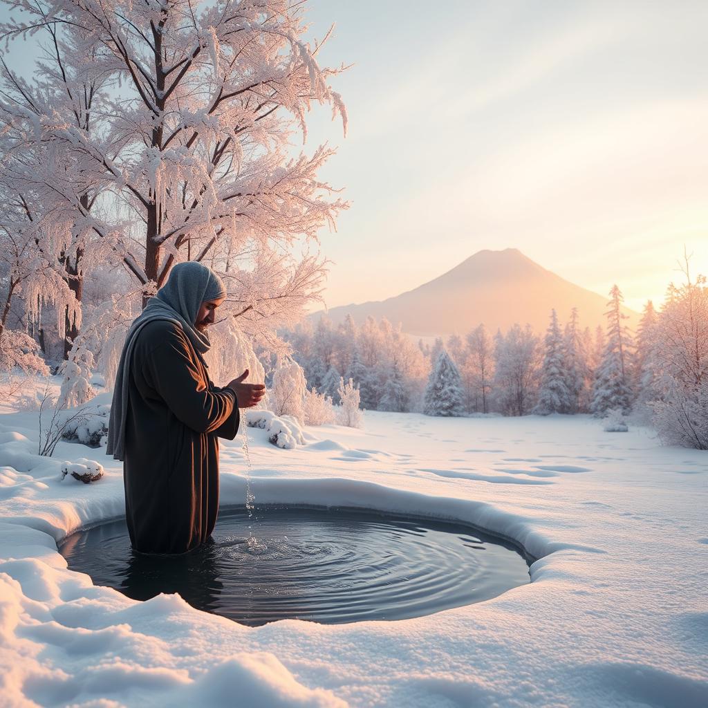 A serene winter dawn scene depicting a peaceful landscape covered in a blanket of snow