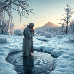 A serene winter dawn scene depicting a peaceful landscape covered in a blanket of snow
