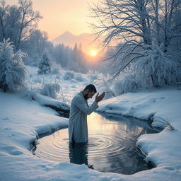 A serene winter dawn scene depicting a peaceful landscape covered in a blanket of snow