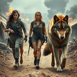 A dynamic scene depicting a female Army Combat Medic in tactical gear, confidently walking alongside a civilian woman dressed in practical clothing