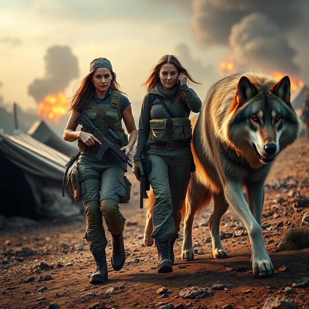 A dynamic scene depicting a female Army Combat Medic in tactical gear, confidently walking alongside a civilian woman dressed in practical clothing