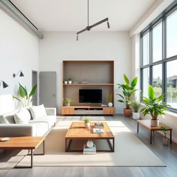 An interior design scene showcasing a modern and minimalist living room
